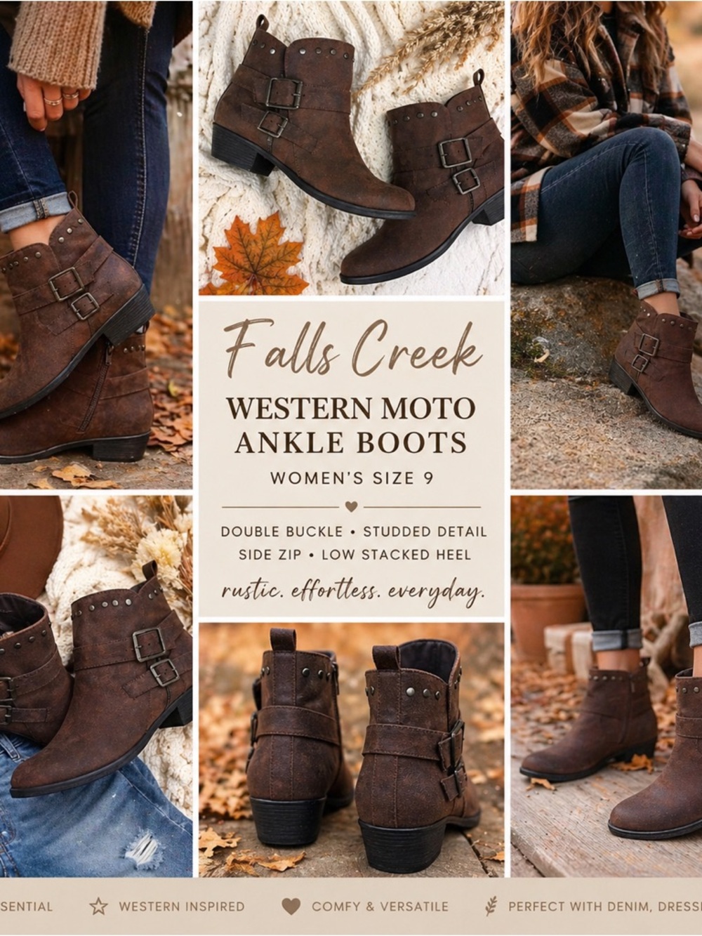 Falls Creek Ankle Boots Women 9 Brown Western Moto Studded Buckle Side Zip Strap